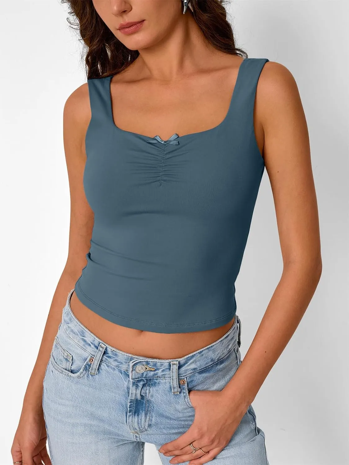 Trendy Queen Going Out Tops for Women Y2k Summer Teen Girls Cute Crop Tank Top Square Neck Basci Bow Clothes 2025 Camisole