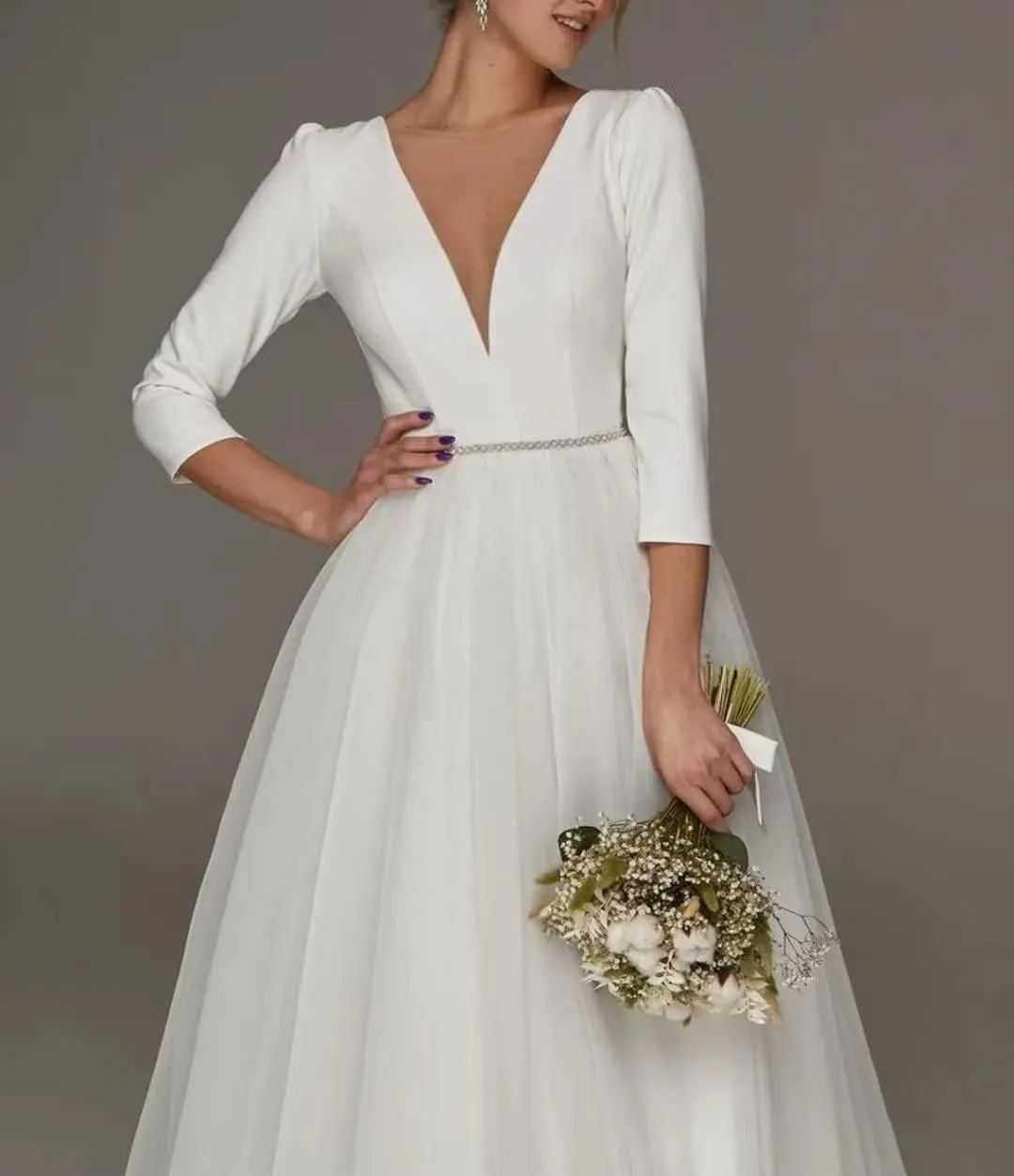 Tulle Lace Wedding Dresses for Bride 2025 Simple Long Sleeve Wedding Gown Tea Length Bridal Shower Dress