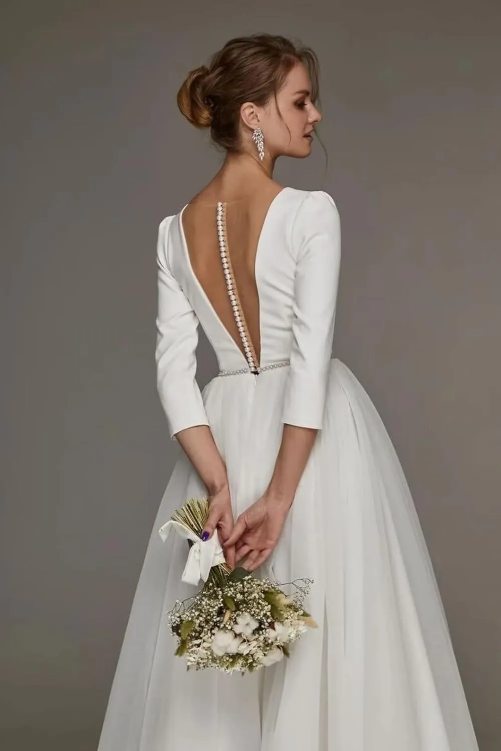 Tulle Lace Wedding Dresses for Bride 2025 Simple Long Sleeve Wedding Gown Tea Length Bridal Shower Dress