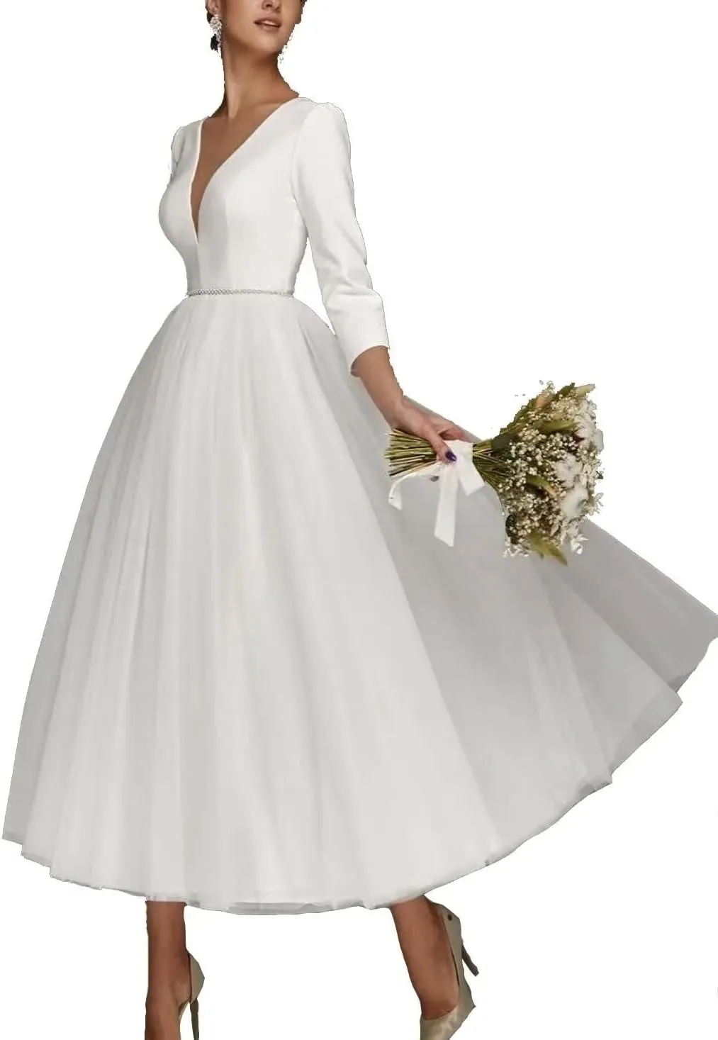 Tulle Lace Wedding Dresses for Bride 2025 Simple Long Sleeve Wedding Gown Tea Length Bridal Shower Dress