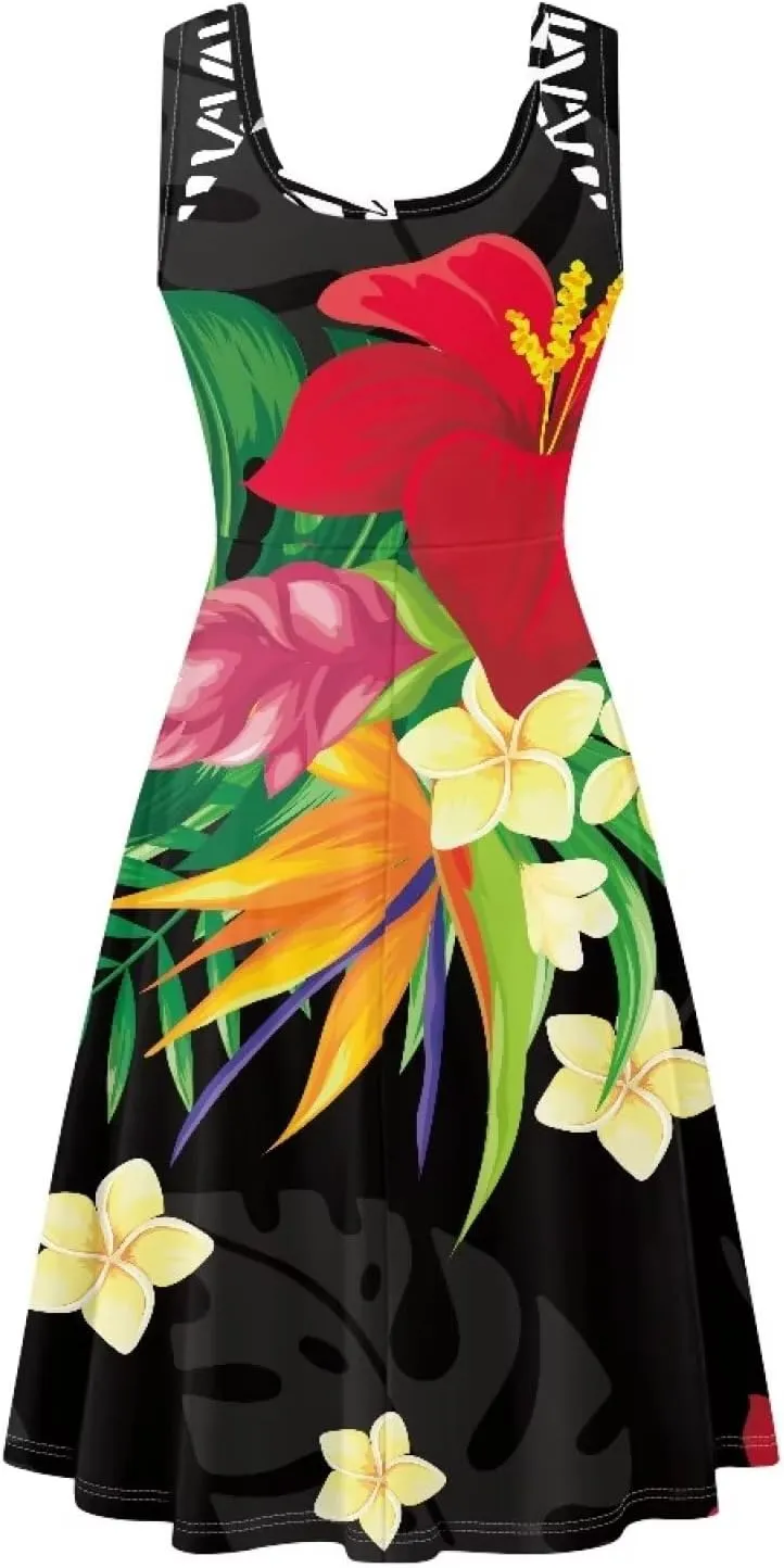 Uasibuni Summer Boho Beach Dresses for Women Floral Tshirt Sundress Casual Sleeveless Tank Dress