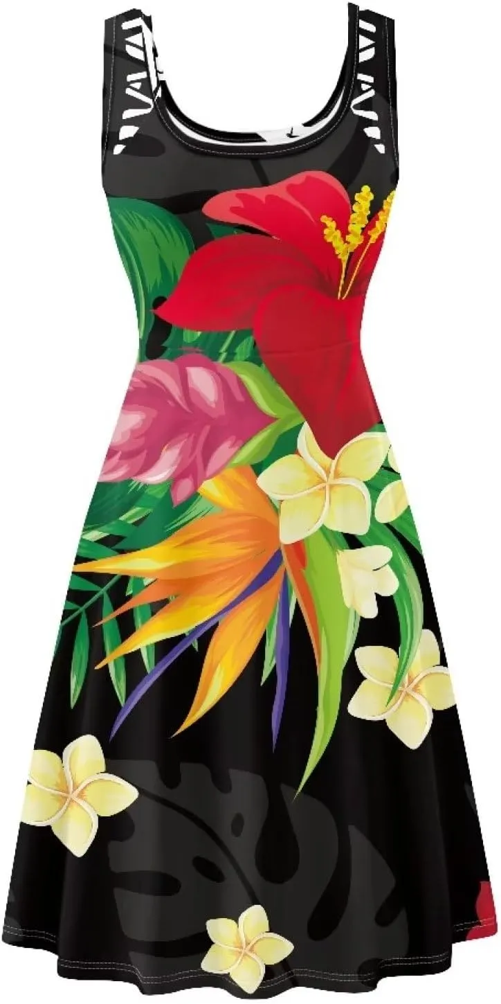 Uasibuni Summer Boho Beach Dresses for Women Floral Tshirt Sundress Casual Sleeveless Tank Dress