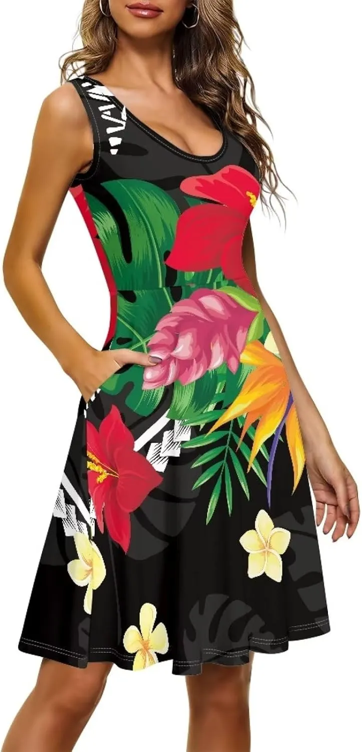 Uasibuni Summer Boho Beach Dresses for Women Floral Tshirt Sundress Casual Sleeveless Tank Dress