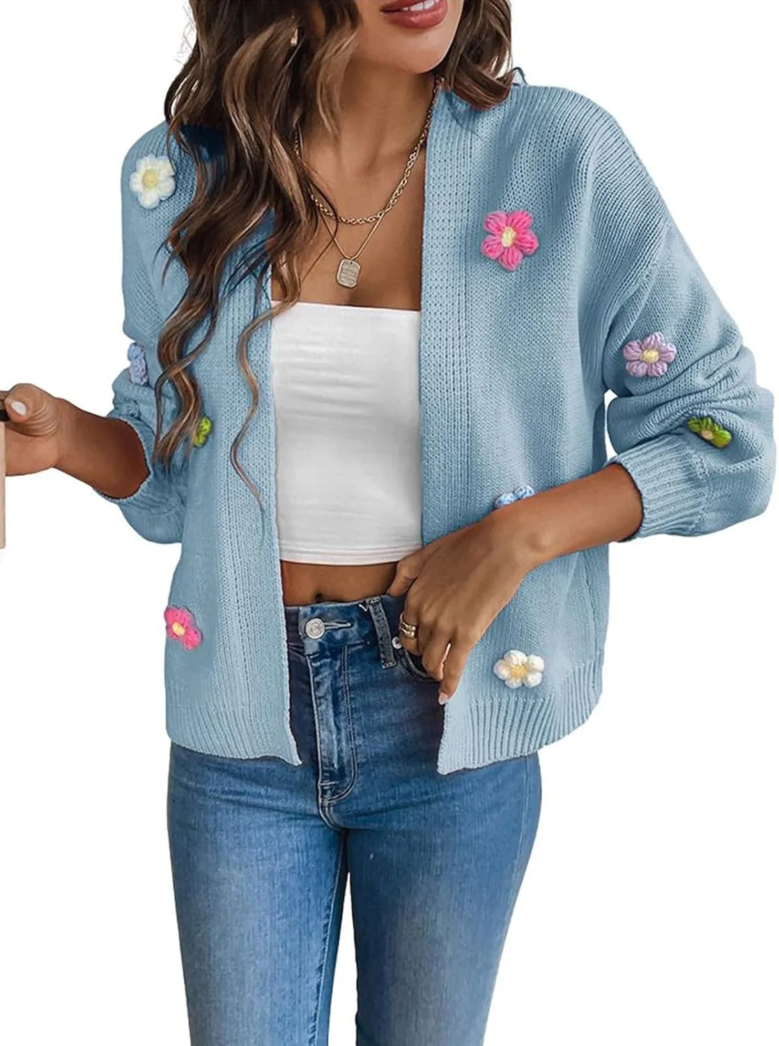 utcoco Women's Cropped Cardigan Sweaters Boho Crochet Floral Embroidery Oversized Open Front Knit Sweater Outwear