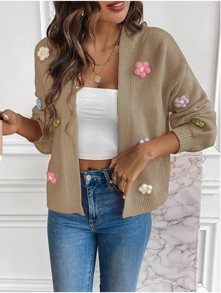 utcoco Women's Cropped Cardigan Sweaters Boho Crochet Floral Embroidery Oversized Open Front Knit Sweater Outwear