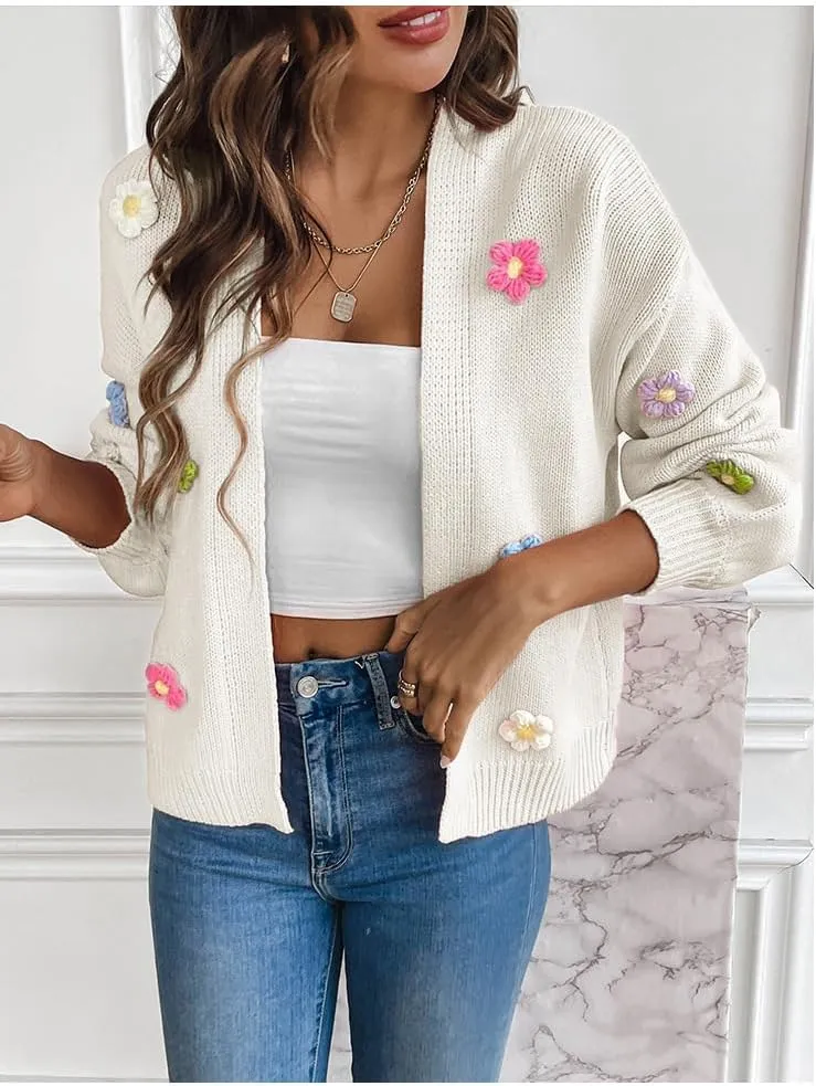 utcoco Women's Cropped Cardigan Sweaters Boho Crochet Floral Embroidery Oversized Open Front Knit Sweater Outwear