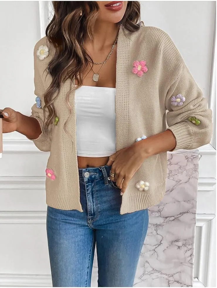 utcoco Women's Cropped Cardigan Sweaters Boho Crochet Floral Embroidery Oversized Open Front Knit Sweater Outwear