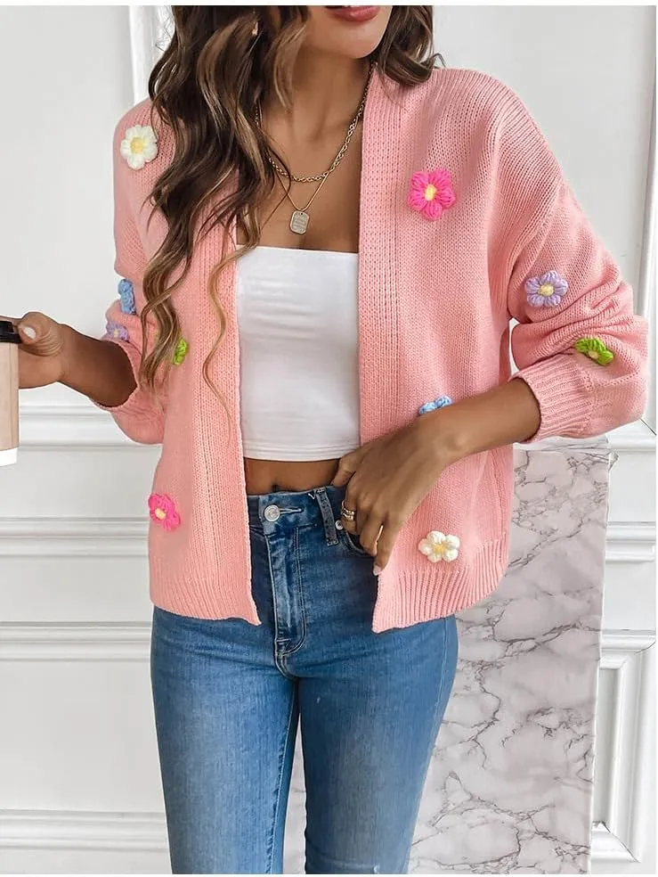 utcoco Women's Cropped Cardigan Sweaters Boho Crochet Floral Embroidery Oversized Open Front Knit Sweater Outwear