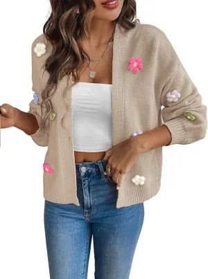 utcoco Women's Cropped Cardigan Sweaters Boho Crochet Floral Embroidery Oversized Open Front Knit Sweater Outwear