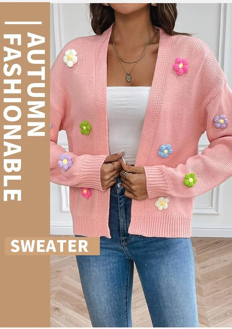 utcoco Women's Cropped Cardigan Sweaters Boho Crochet Floral Embroidery Oversized Open Front Knit Sweater Outwear