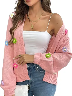 utcoco Women's Cropped Cardigan Sweaters Boho Crochet Floral Embroidery Oversized Open Front Knit Sweater Outwear