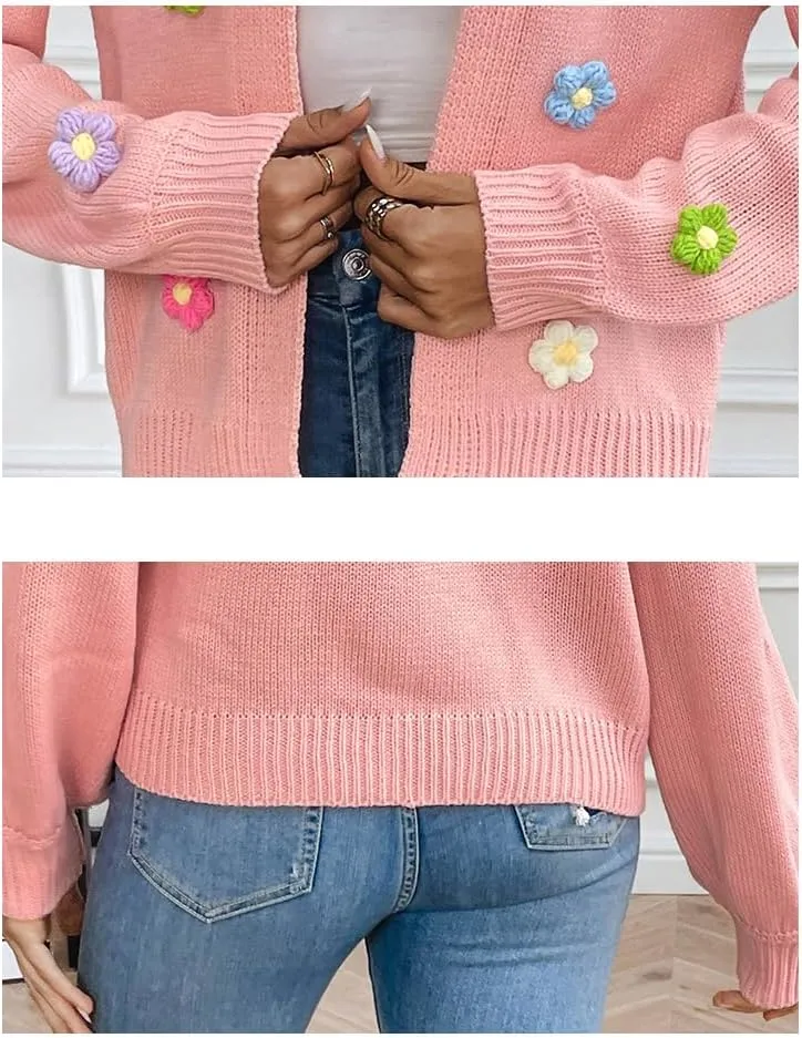 utcoco Women's Cropped Cardigan Sweaters Boho Crochet Floral Embroidery Oversized Open Front Knit Sweater Outwear