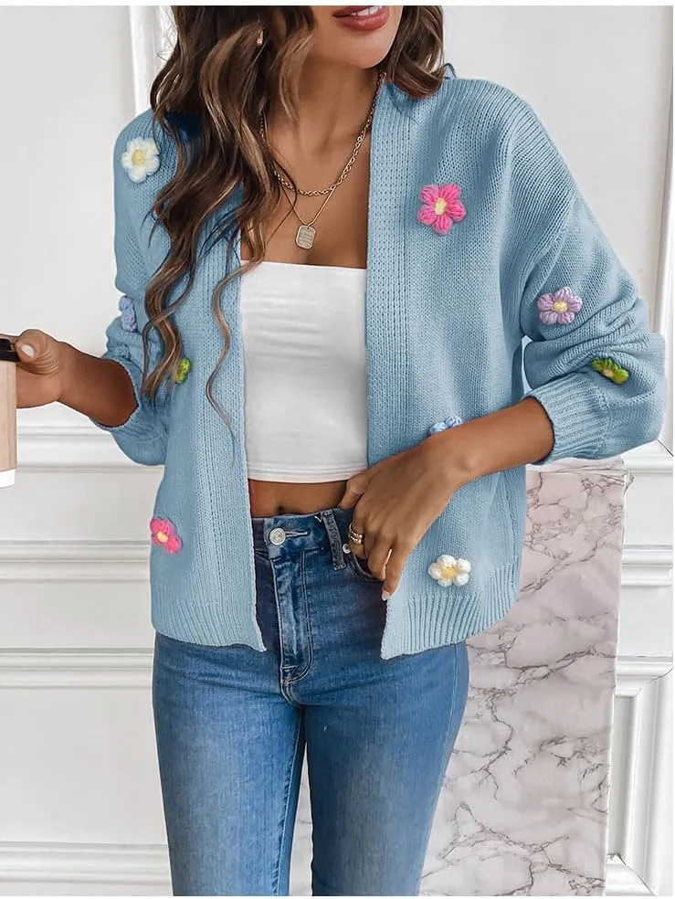 utcoco Women's Cropped Cardigan Sweaters Boho Crochet Floral Embroidery Oversized Open Front Knit Sweater Outwear