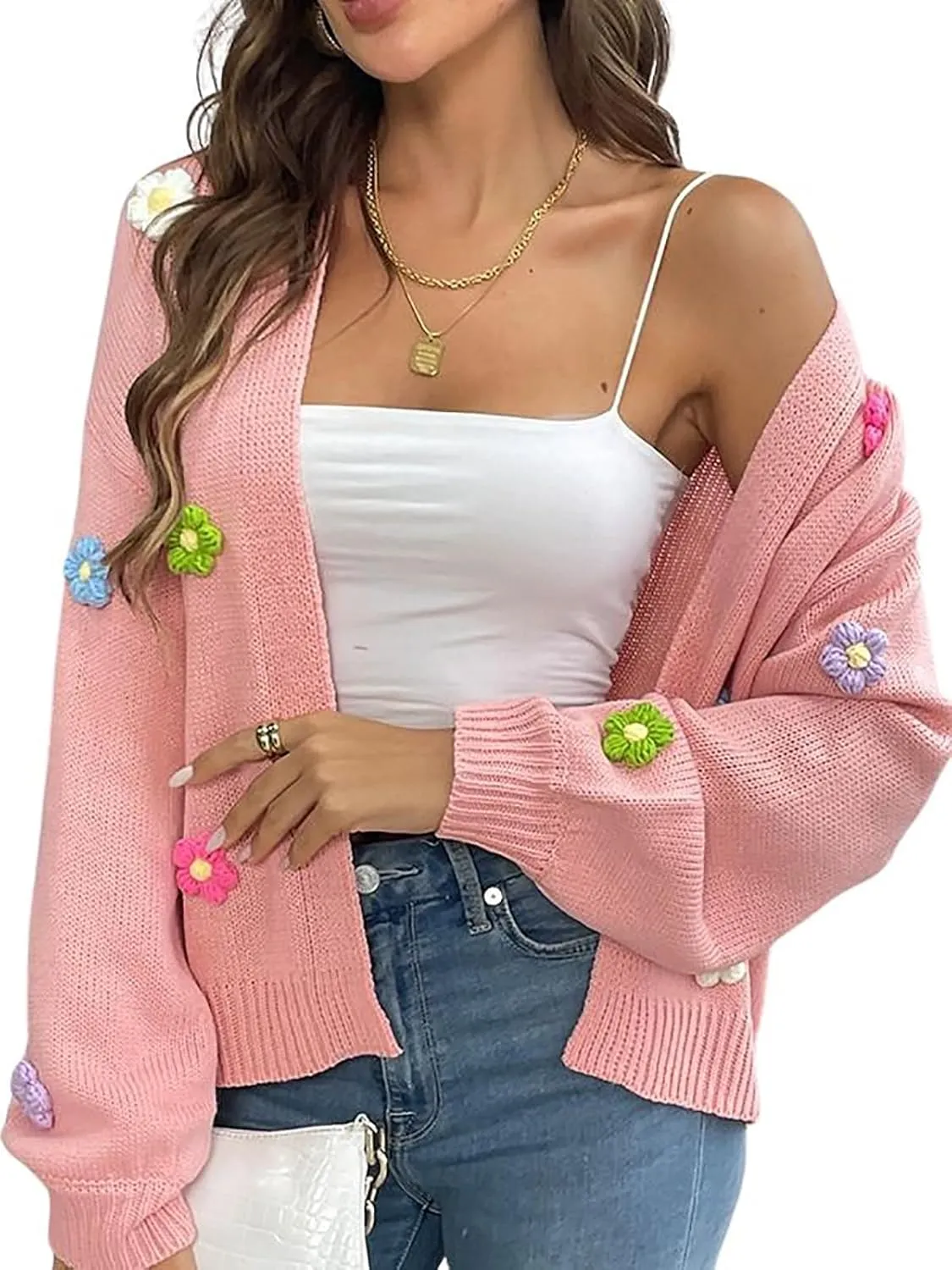 utcoco Women's Cropped Cardigan Sweaters Boho Crochet Floral Embroidery Oversized Open Front Knit Sweater Outwear