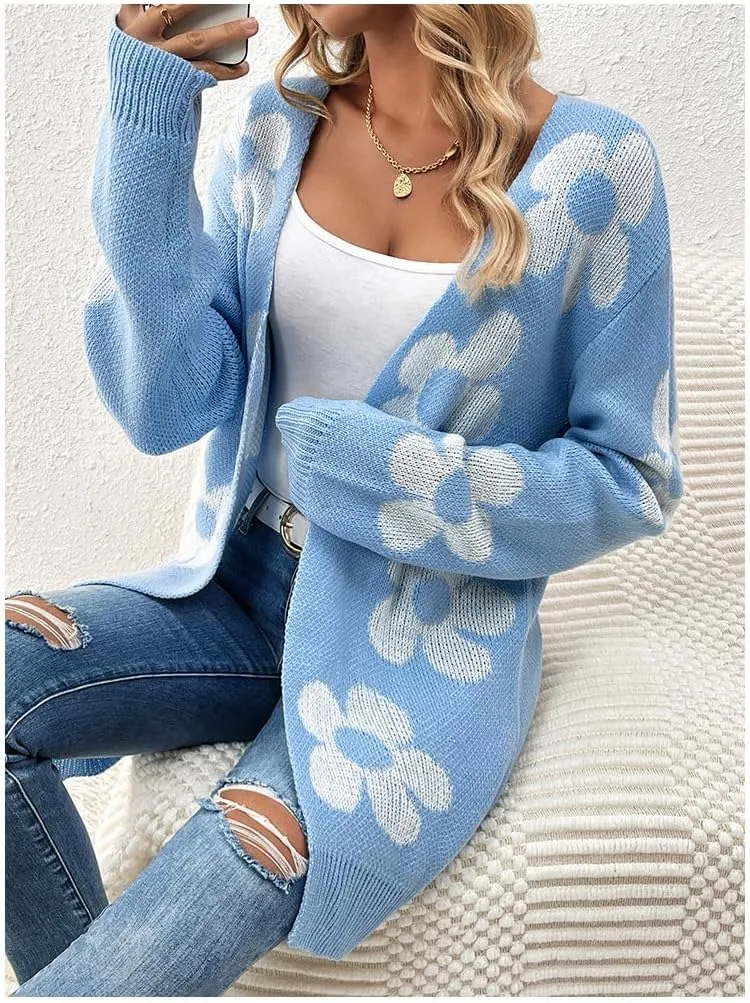 utcoco Womens Long Sleeve Cardigan Sweaters Boho Floral Casual Loose Fit Oversized Open Front Knit Outwear