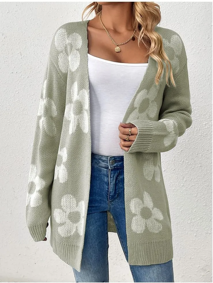utcoco Womens Long Sleeve Cardigan Sweaters Boho Floral Casual Loose Fit Oversized Open Front Knit Outwear