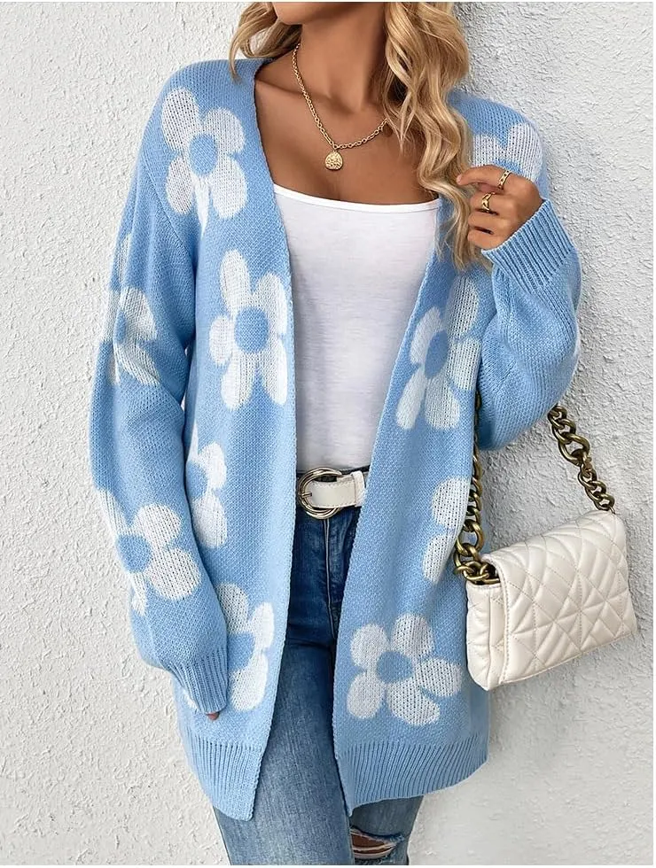 utcoco Womens Long Sleeve Cardigan Sweaters Boho Floral Casual Loose Fit Oversized Open Front Knit Outwear
