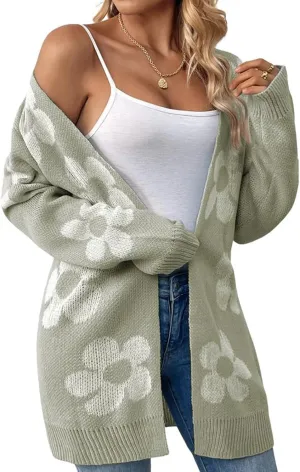 utcoco Womens Long Sleeve Cardigan Sweaters Boho Floral Casual Loose Fit Oversized Open Front Knit Outwear