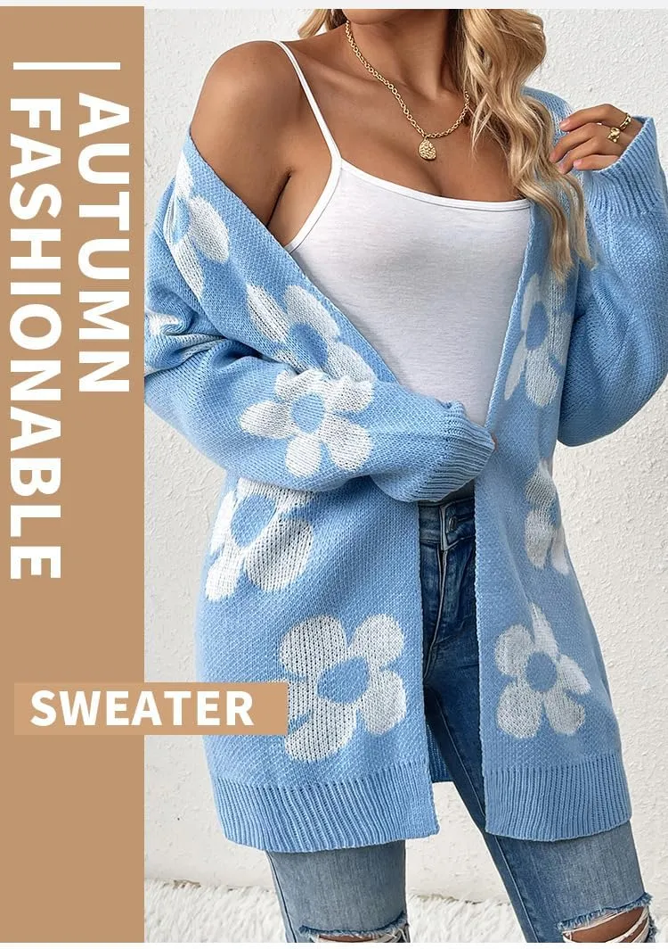 utcoco Womens Long Sleeve Cardigan Sweaters Boho Floral Casual Loose Fit Oversized Open Front Knit Outwear
