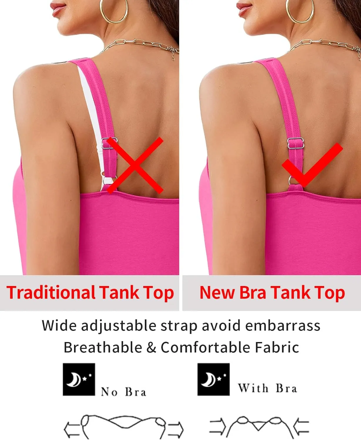 V FOR CITY Women Tank Top with Built-in Padded Bra Adjustable Wide Strap V-Neck Camisole Cotton Cami Shirts