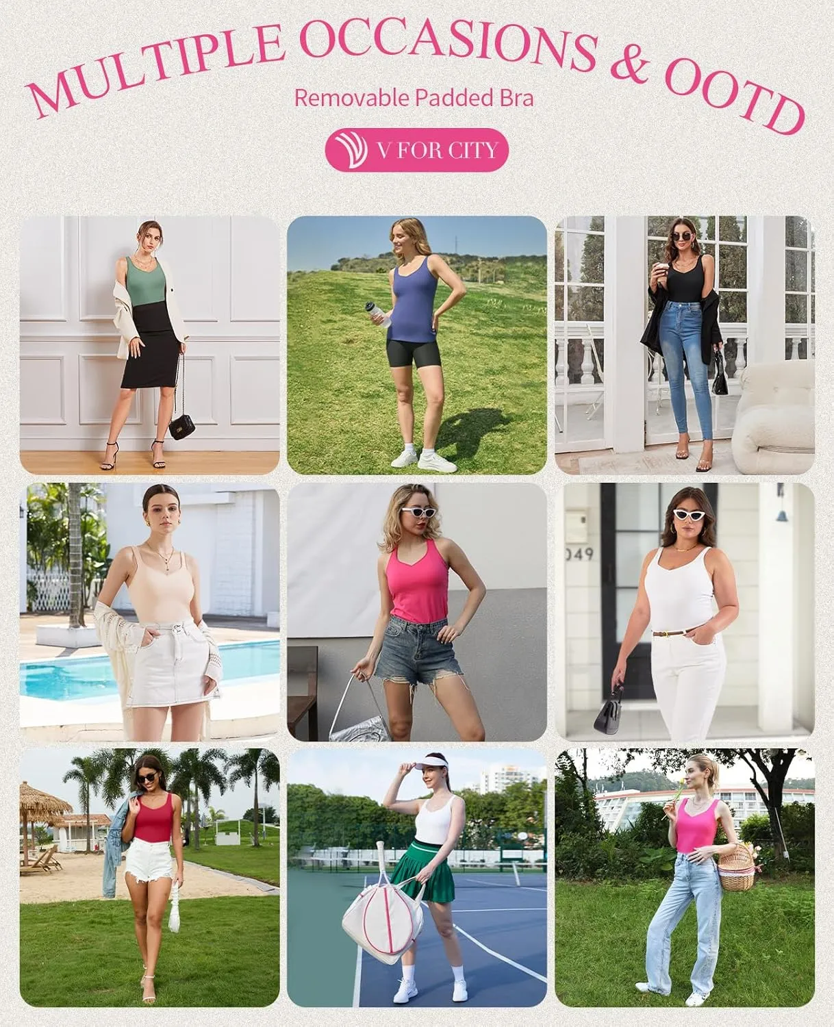 V FOR CITY Women Tank Top with Built-in Padded Bra Adjustable Wide Strap V-Neck Camisole Cotton Cami Shirts