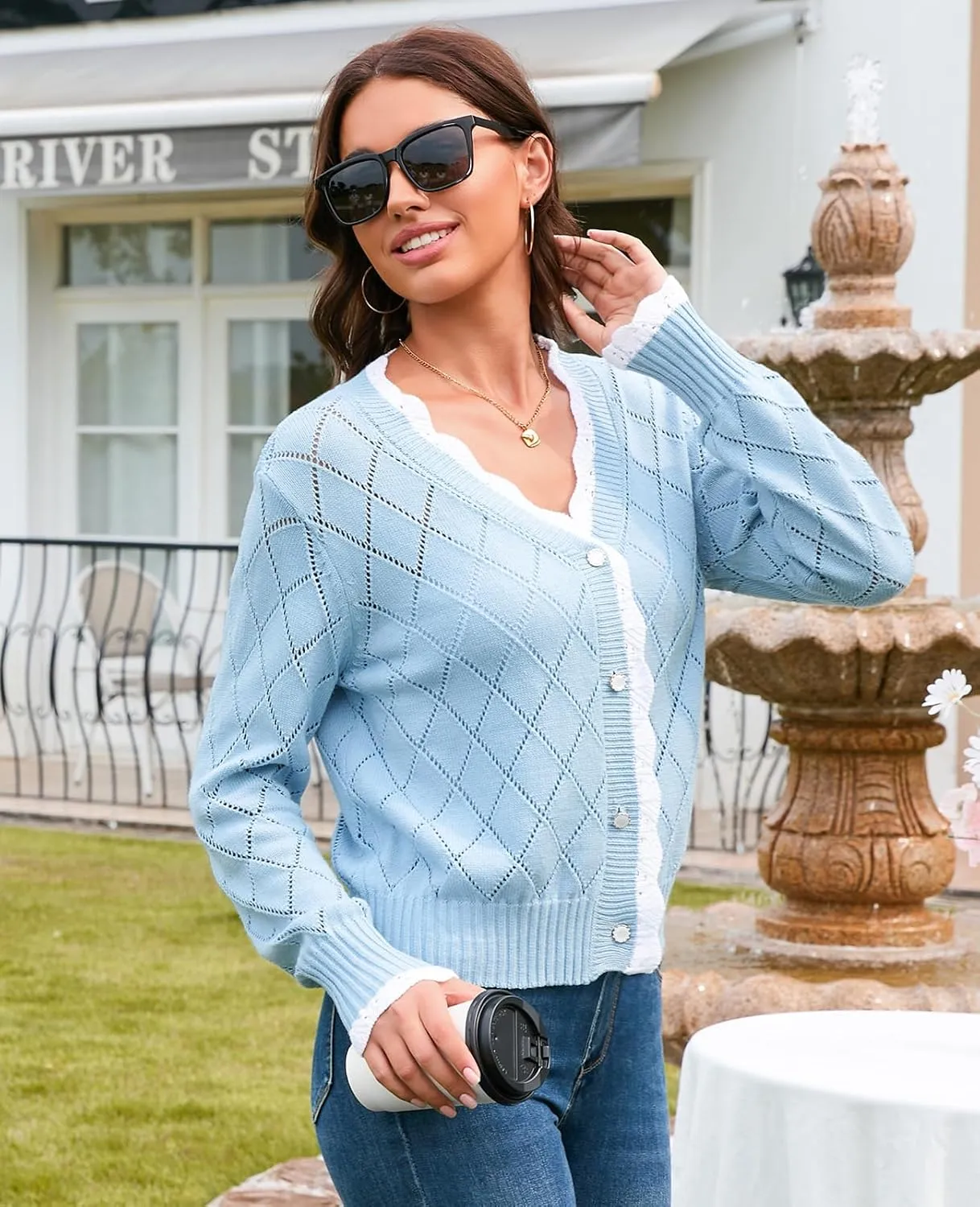 V FOR CITY Womens Cardigans Lightweight Cropped Cardigan for Women Crochet Button V Neck Thin Long Sleeve Spring 2025