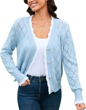V FOR CITY Womens Cardigans Lightweight Cropped Cardigan for Women Crochet Button V Neck Thin Long Sleeve Spring 2025