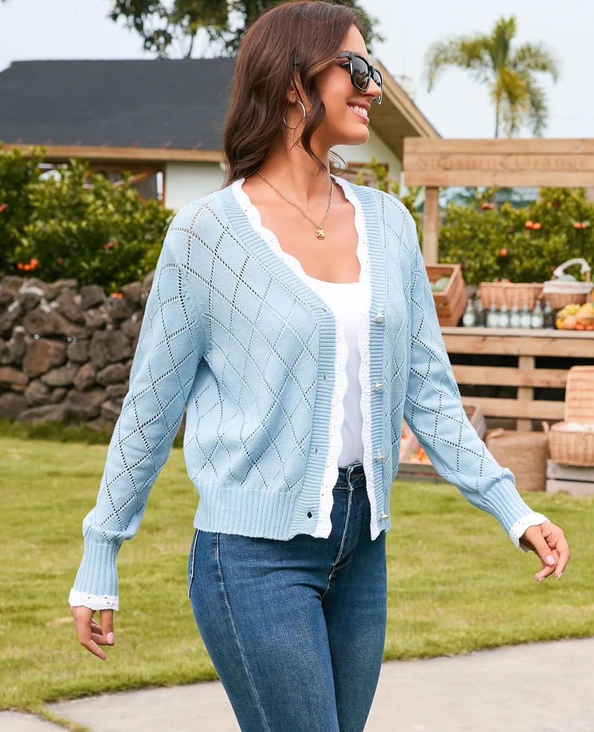 V FOR CITY Womens Cardigans Lightweight Cropped Cardigan for Women Crochet Button V Neck Thin Long Sleeve Spring 2025
