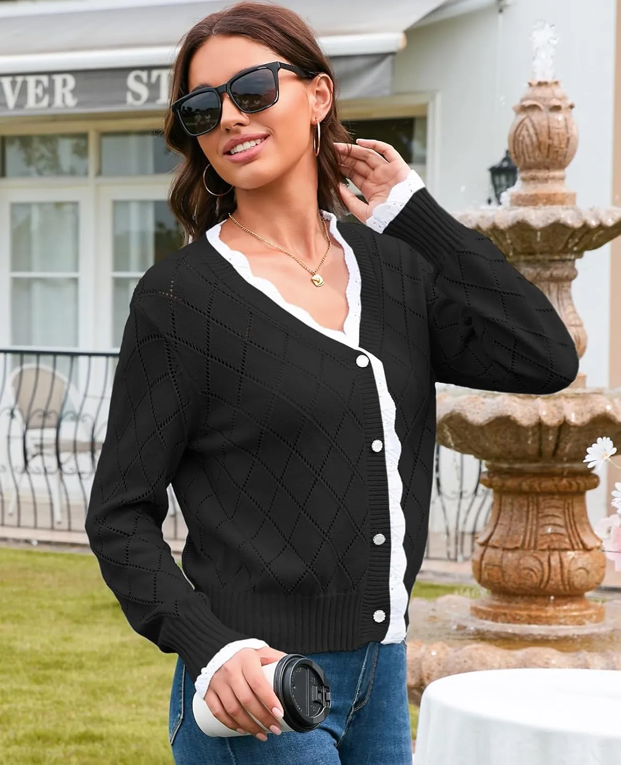 V FOR CITY Womens Cardigans Lightweight Cropped Cardigan for Women Crochet Button V Neck Thin Long Sleeve Spring 2025