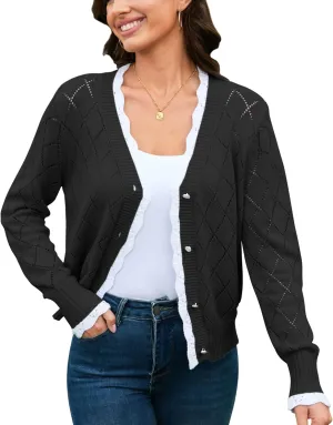 V FOR CITY Womens Cardigans Lightweight Cropped Cardigan for Women Crochet Button V Neck Thin Long Sleeve Spring 2025