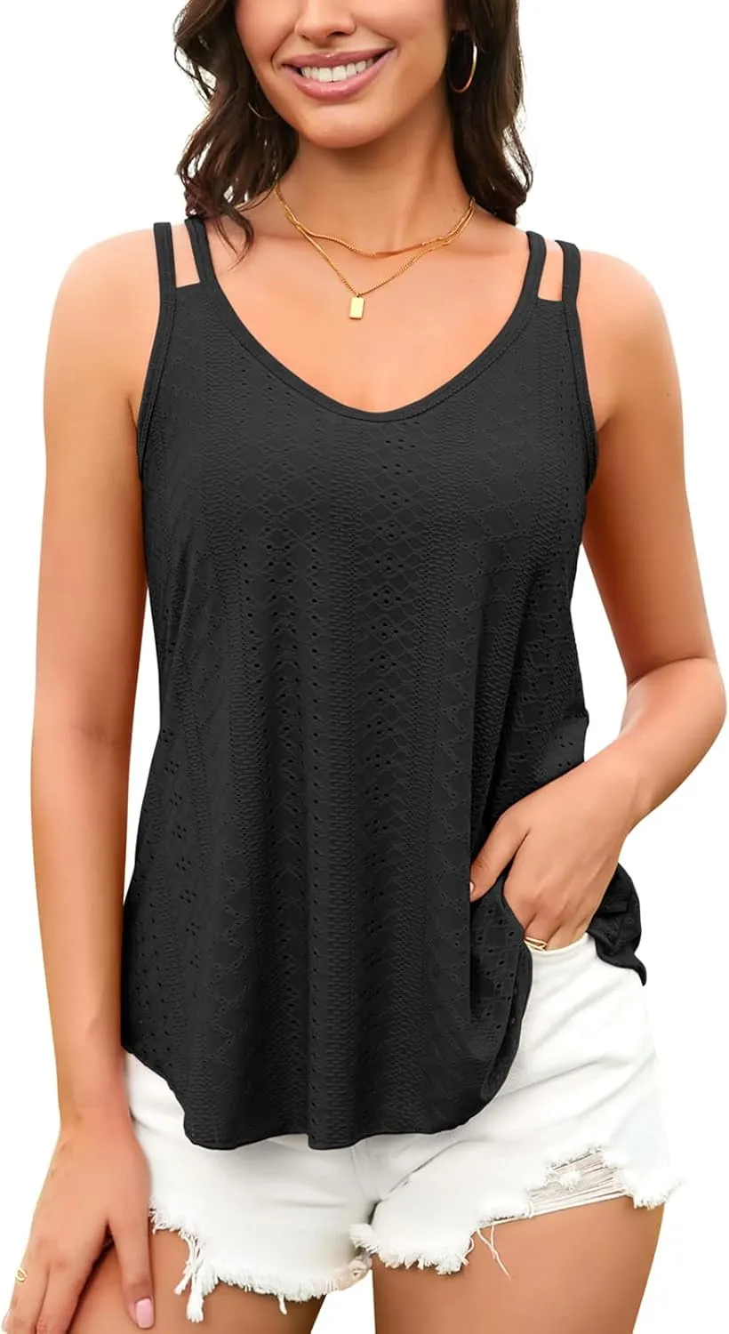 V FOR CITY Womens Tank Tops with Built-in Bra Flowy Eyelet Embroidery V Neck Camisole Adjustable Spaghetti Strap Camis Shirts