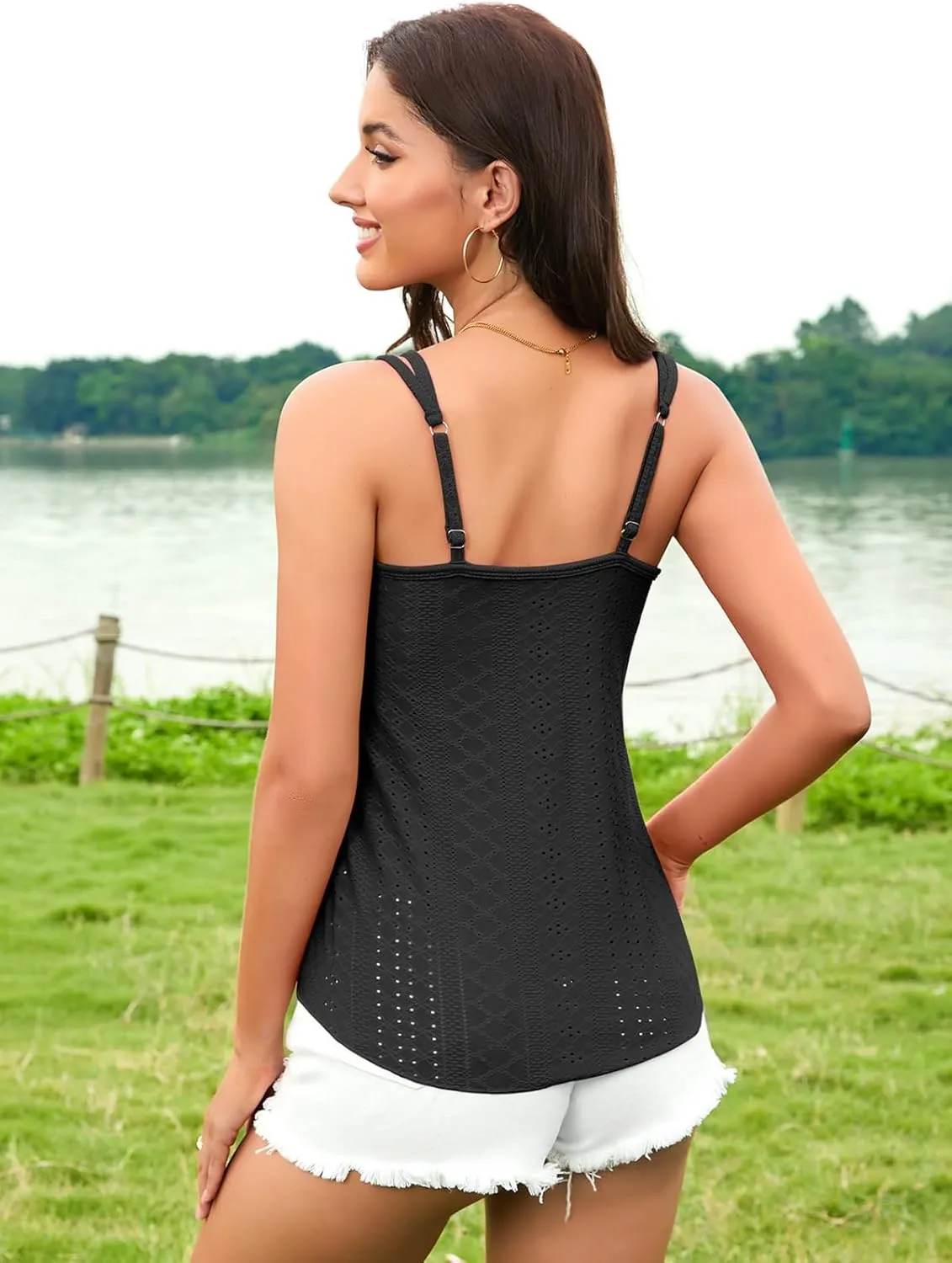 V FOR CITY Womens Tank Tops with Built-in Bra Flowy Eyelet Embroidery V Neck Camisole Adjustable Spaghetti Strap Camis Shirts