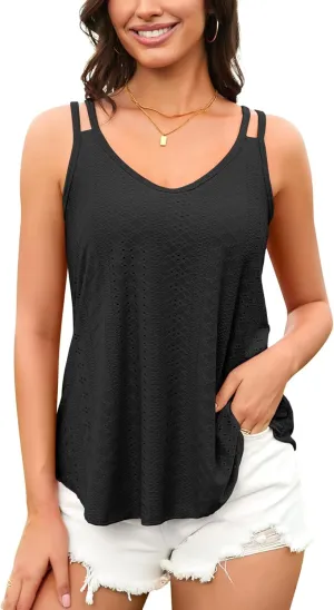 V FOR CITY Womens Tank Tops with Built-in Bra Flowy Eyelet Embroidery V Neck Camisole Adjustable Spaghetti Strap Camis Shirts