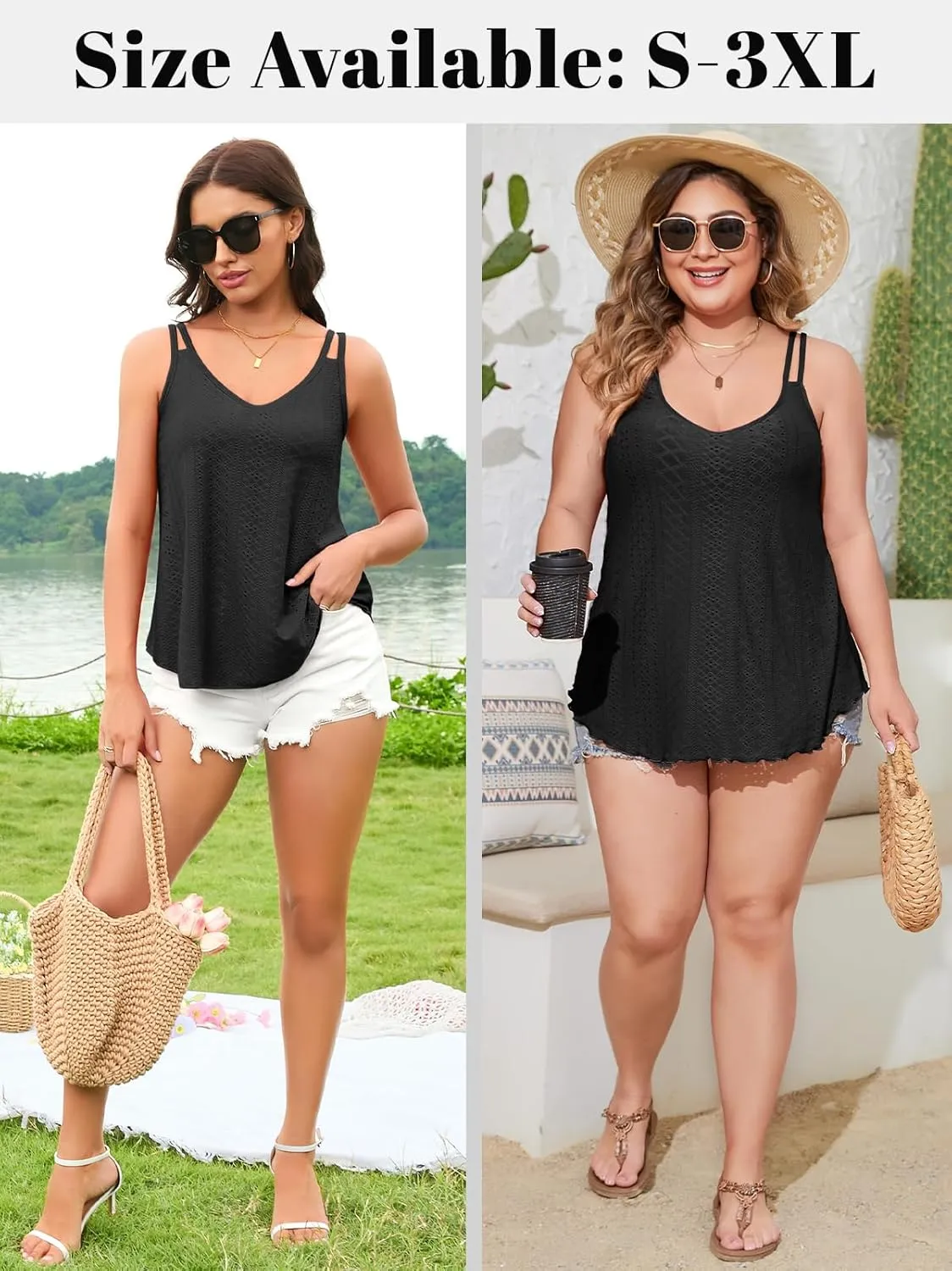 V FOR CITY Womens Tank Tops with Built-in Bra Flowy Eyelet Embroidery V Neck Camisole Adjustable Spaghetti Strap Camis Shirts
