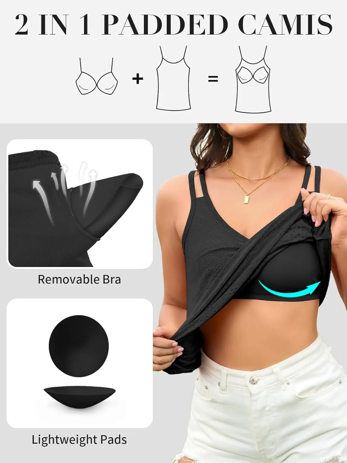 V FOR CITY Womens Tank Tops with Built-in Bra Flowy Eyelet Embroidery V Neck Camisole Adjustable Spaghetti Strap Camis Shirts