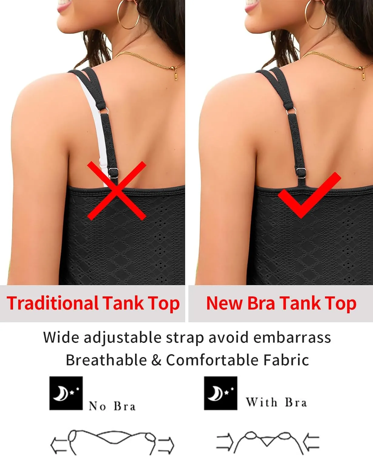 V FOR CITY Womens Tank Tops with Built-in Bra Flowy Eyelet Embroidery V Neck Camisole Adjustable Spaghetti Strap Camis Shirts
