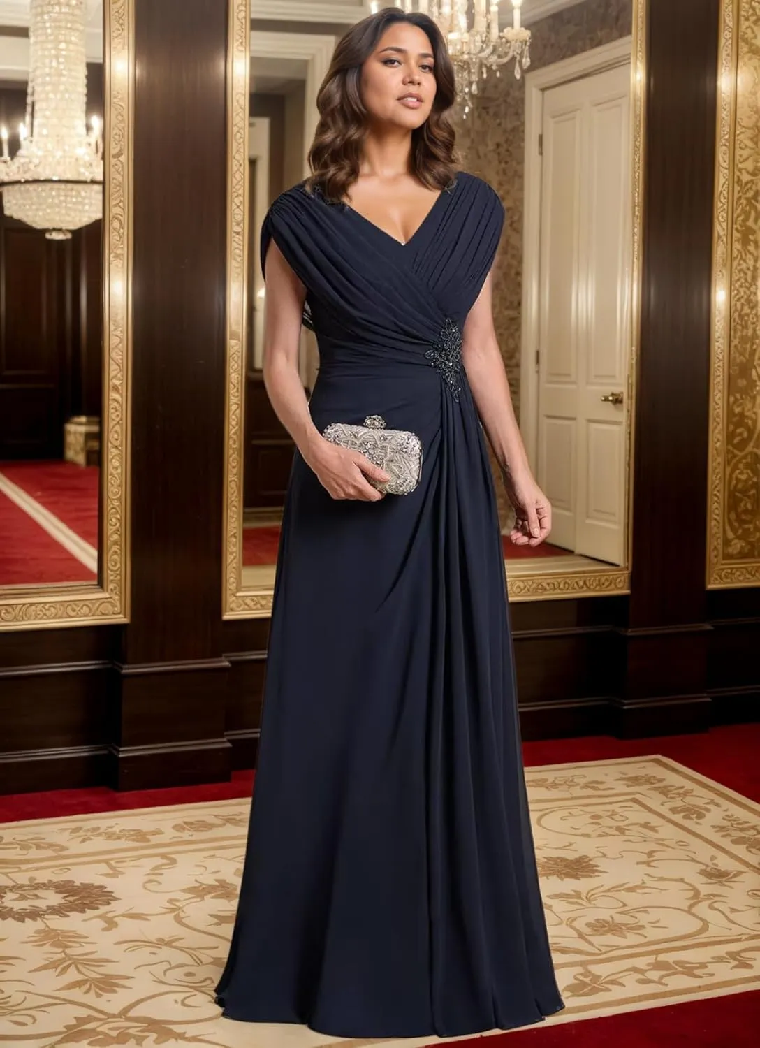 V Neck Mother of The Bride Dresses for Women Ruched Chiffon Prom Gown Beaded Short Sleeves Evening Party Gown Wedding