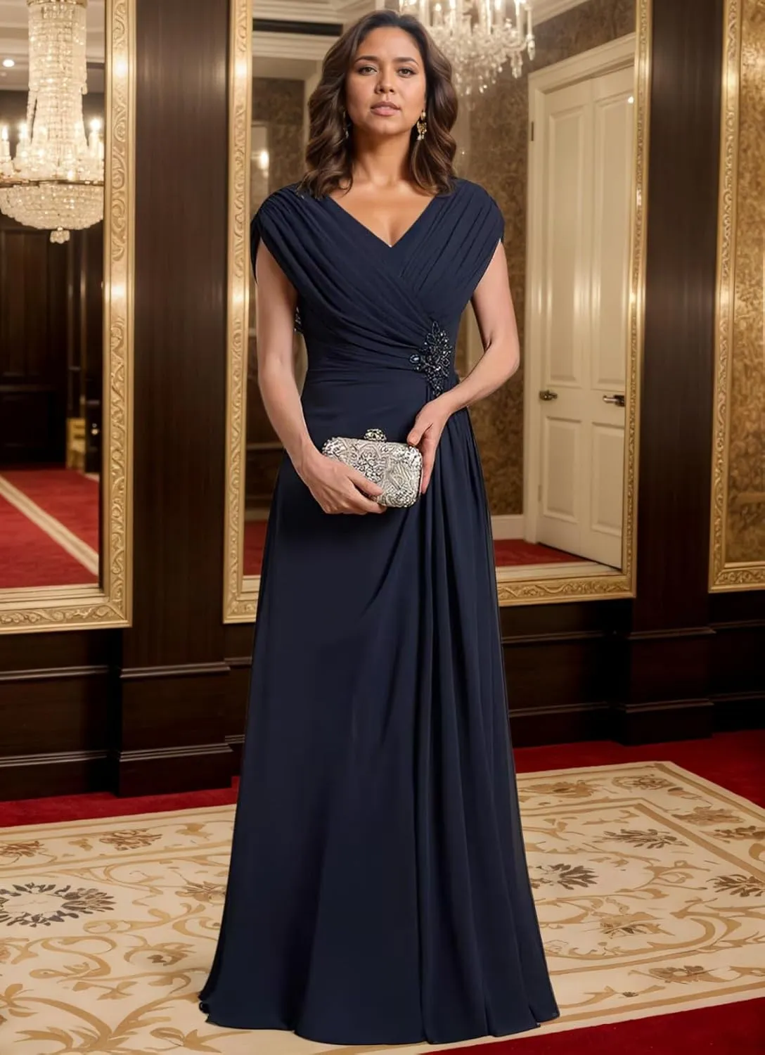 V Neck Mother of The Bride Dresses for Women Ruched Chiffon Prom Gown Beaded Short Sleeves Evening Party Gown Wedding