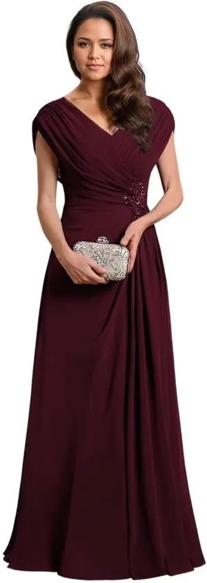 V Neck Mother of The Bride Dresses for Women Ruched Chiffon Prom Gown Beaded Short Sleeves Evening Party Gown Wedding
