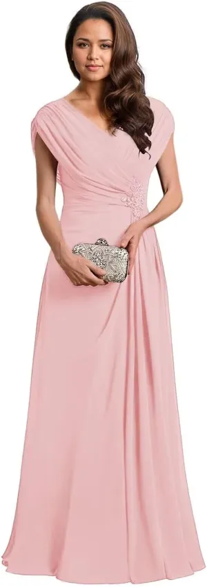 V Neck Mother of The Bride Dresses for Women Ruched Chiffon Prom Gown Beaded Short Sleeves Evening Party Gown Wedding