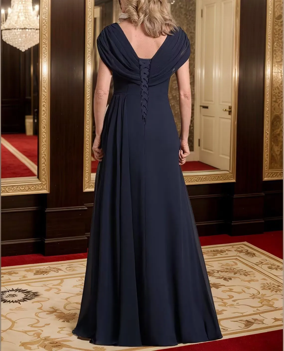 V Neck Mother of The Bride Dresses for Women Ruched Chiffon Prom Gown Beaded Short Sleeves Evening Party Gown Wedding