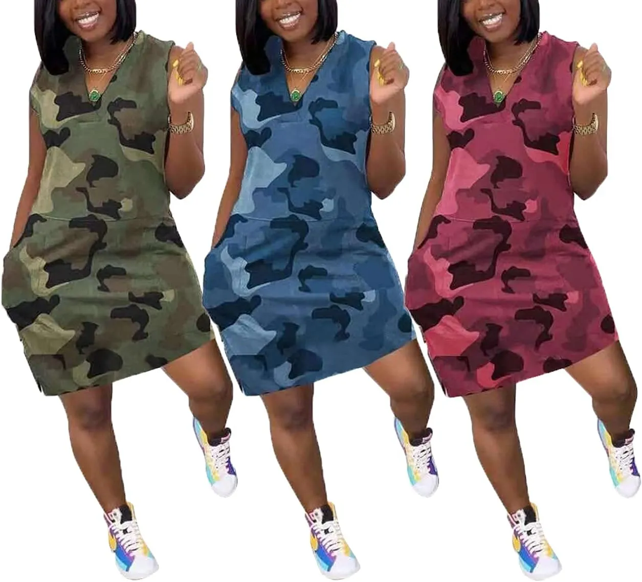 Vakkest Women's Camo Print Dress Jumpsuit Deep V Neck Sleeveless Tunic Mini Dress Plus Size with Pocket Clubwear
