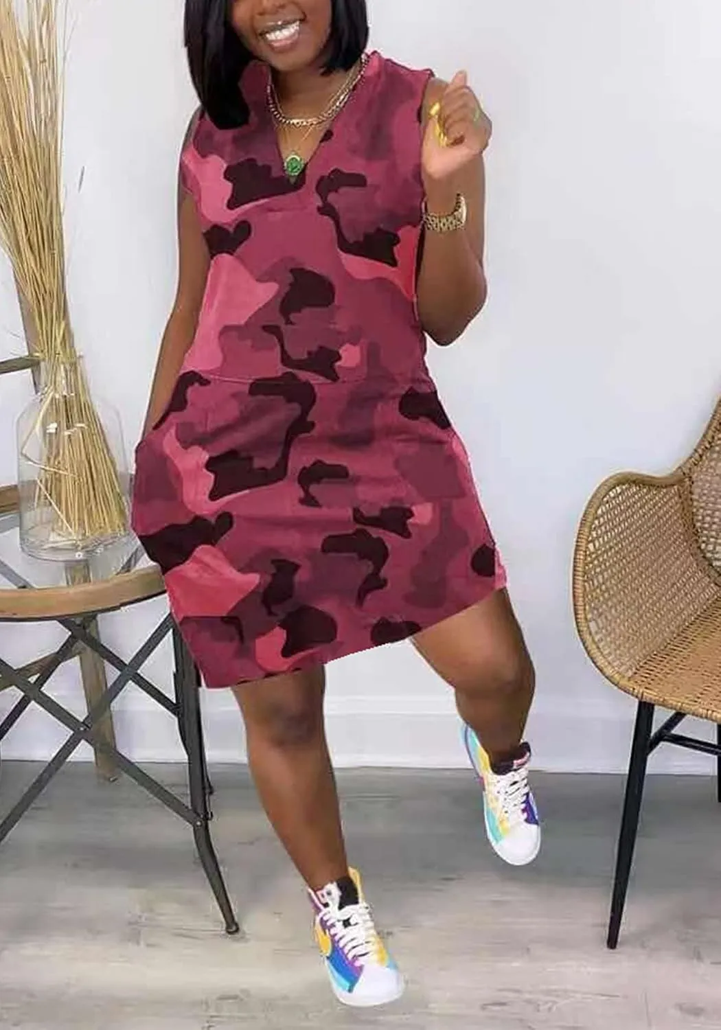 Vakkest Women's Camo Print Dress Jumpsuit Deep V Neck Sleeveless Tunic Mini Dress Plus Size with Pocket Clubwear