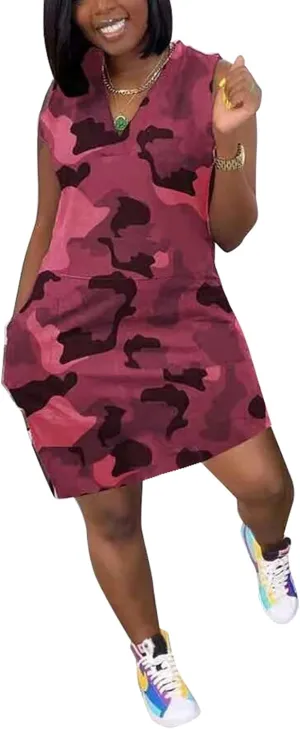 Vakkest Women's Camo Print Dress Jumpsuit Deep V Neck Sleeveless Tunic Mini Dress Plus Size with Pocket Clubwear