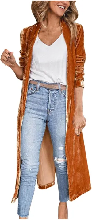 Velvet Cardigan for Women Long Lapel Long Sleeve Shirt with Pockets Mid-Length Open Front Trench Kimono Coat