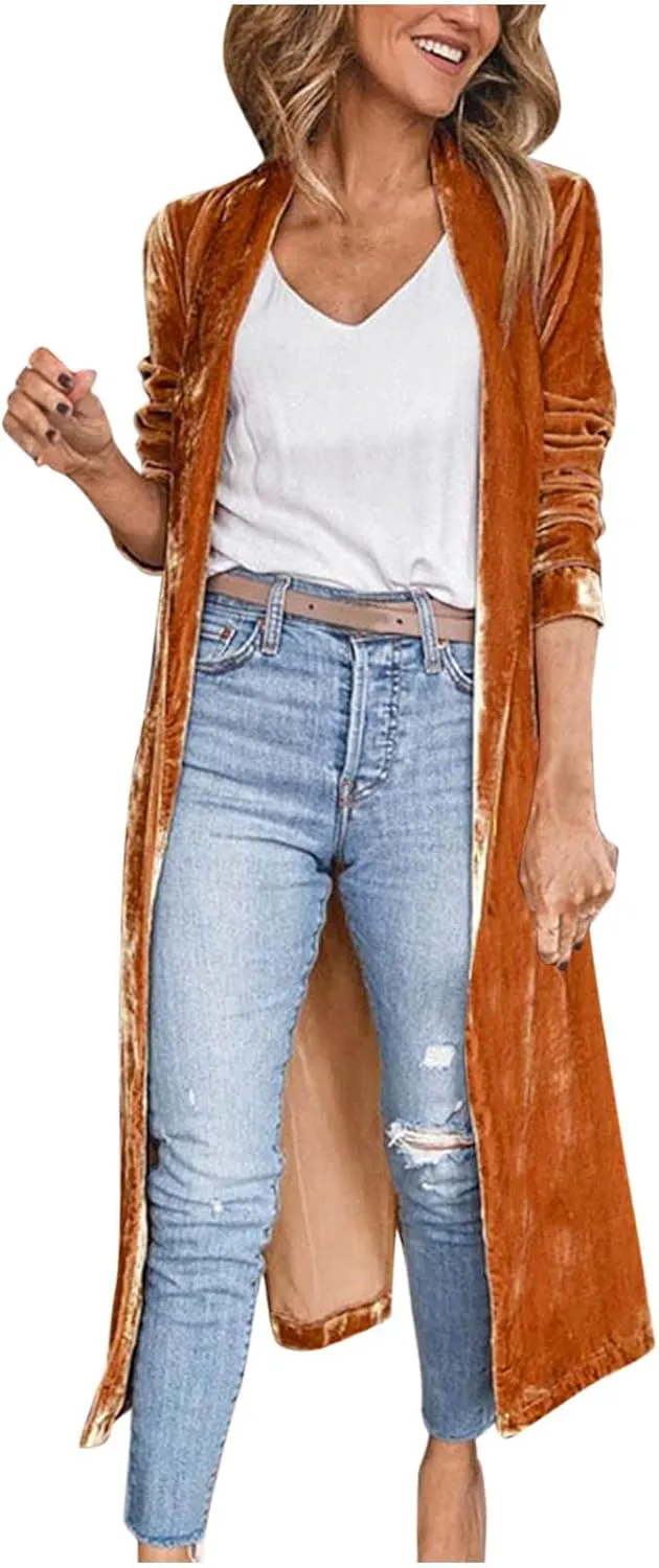 Velvet Cardigan for Women Long Lapel Long Sleeve Shirt with Pockets Mid-Length Open Front Trench Kimono Coat