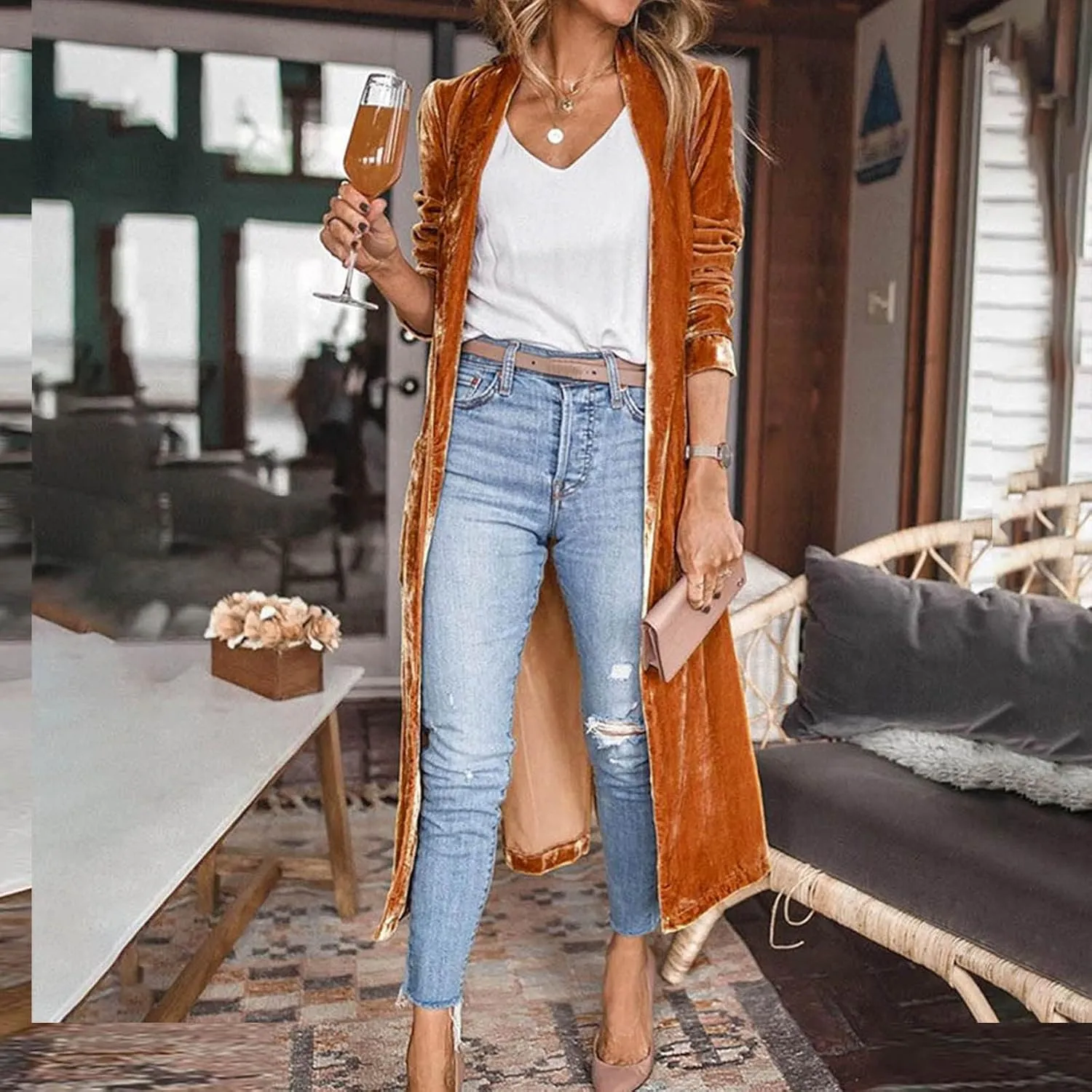 Velvet Cardigan for Women Long Lapel Long Sleeve Shirt with Pockets Mid-Length Open Front Trench Kimono Coat