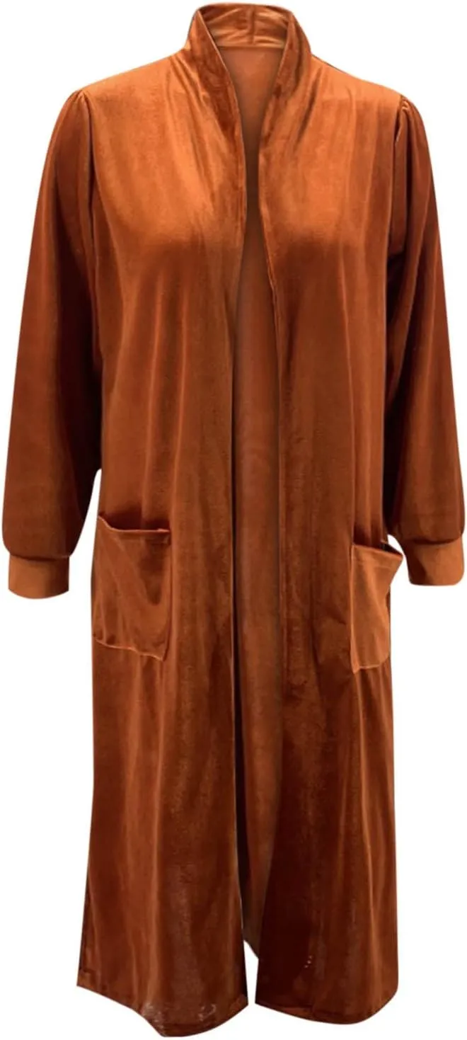 Velvet Cardigan for Women Long Lapel Long Sleeve Shirt with Pockets Mid-Length Open Front Trench Kimono Coat