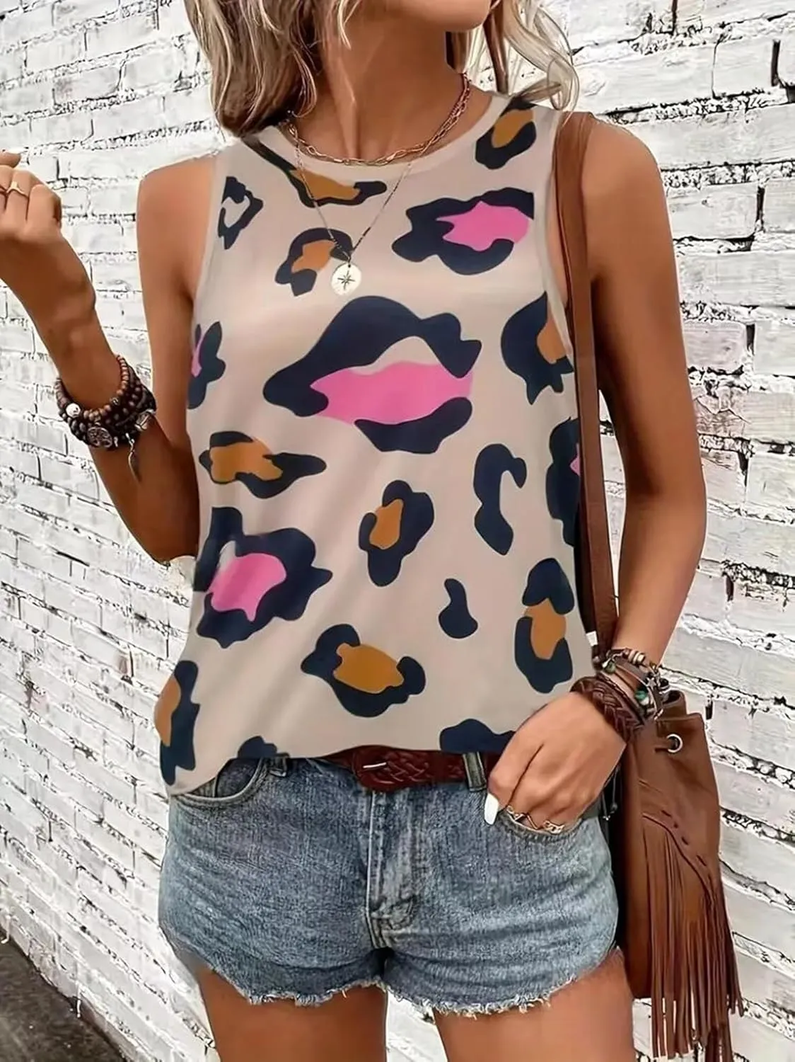 VKEGNIO Leopard Print Tank Top for Women Summer Sleeveless Tops Casual Cute Graphic Tanks Loose Fit Vintage Vacation Shirt