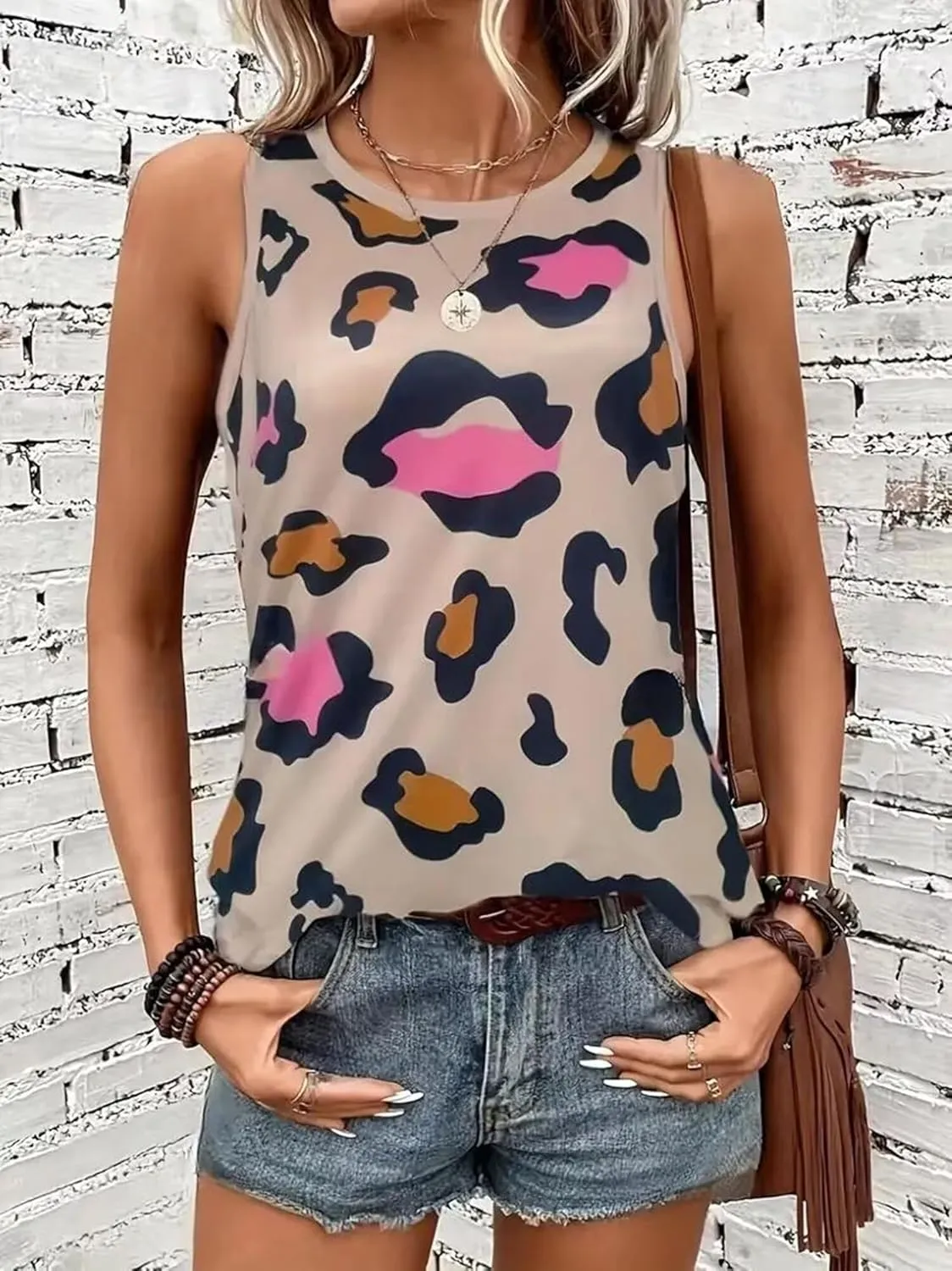 VKEGNIO Leopard Print Tank Top for Women Summer Sleeveless Tops Casual Cute Graphic Tanks Loose Fit Vintage Vacation Shirt